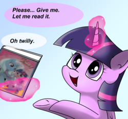 Size: 1480x1388 | Tagged: safe, artist:pencil bolt, trixie, twilight sparkle, alicorn, pony, g4, book, dialogue, glowing horn, gradient background, horn, magic, telekinesis, twilight sparkle (alicorn)