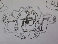 Size: 2576x1932 | Tagged: safe, artist:drheartdoodles, twilight sparkle, g4, alcohol, bored, bust, cup, drinking, frown, glowing horn, horn, inappropriate use of magic, levitation, lidded eyes, lineart, magic, monochrome, multitasking, offscreen character, paper, portrait, quill, studying, telekinesis, text, wine, writing