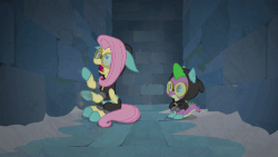 Size: 600x338 | Tagged: safe, screencap, fluttershy, spike, dragon, g4, season 9, sparkle's seven, adorable distress, animated, bunny ears, claustrophobia, clothes, costume, cute, dangerous mission outfit, duo, goggles, hoodie, panic attack, panicking, winged spike, wings