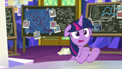 Size: 1920x1080 | Tagged: safe, screencap, twilight sparkle, alicorn, pony, g4, sparkle's seven, animation error, chalkboard, female, floppy ears, mare, solo, twilight sparkle (alicorn)