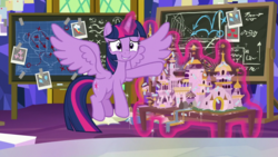 Size: 1920x1080 | Tagged: safe, screencap, twilight sparkle, alicorn, pony, g4, sparkle's seven, animation error, chalkboard, female, flying, mare, solo, twilight sparkle (alicorn)