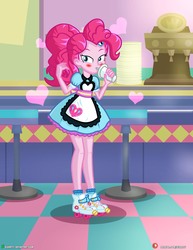 Size: 1500x1942 | Tagged: safe, artist:dieart77, pinkie pie, coinky-dink world, eqg summertime shorts, equestria girls, g4, blushing, cafe, carhop, clothes, cup, cute, drink, drinking, female, heart, looking at you, rollerblades, server pinkie pie, solo, stool, straw, sweet snacks cafe, waitress
