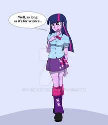 Size: 600x690 | Tagged: dead source, safe, artist:peribooty, twilight sparkle, human, equestria girls, g4, abstract background, bimboification, clothes, cute, deviantart watermark, dialogue, female, incentive drive, leg warmers, miniskirt, obtrusive watermark, open mouth, pleated skirt, shoes, skirt, smiling, solo, speech bubble, standing, watermark