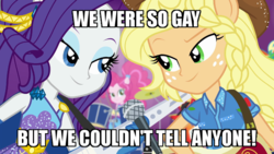 Size: 700x394 | Tagged: safe, edit, edited screencap, screencap, applejack, pinkie pie, rainbow dash, rarity, equestria girls, equestria girls specials, g4, my little pony equestria girls: better together, my little pony equestria girls: rollercoaster of friendship, caption, cowboy hat, cute, drums, female, guitar, hat, huckleberry hound, image macro, keytar, lesbian, lidded eyes, male, microphone, musical instrument, ponied up, ship:rarijack, shipping, shipping fuel, stetson, super ponied up, text, the simpsons