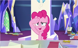Size: 908x558 | Tagged: safe, screencap, pinkie pie, earth pony, pony, g4, sparkle's seven, book, discovery family logo, female, friendship throne, mare, salute, solo, throne room, twilight's castle