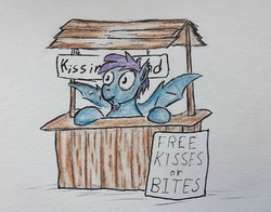 Size: 1280x1004 | Tagged: safe, artist:bitgamer, oc, oc only, oc:quick draw, pony, vampony, bat wings, colored pencil drawing, facial hair, goatee, kissing booth, male, sign, solo, traditional art, wings