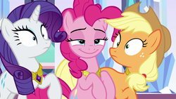 Size: 1920x1080 | Tagged: safe, screencap, applejack, pinkie pie, rarity, pony, g4, the beginning of the end, bipedal, crystal empire, element of generosity, element of honesty, element of laughter, shrunken pupils