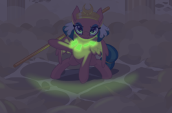 Size: 2412x1596 | Tagged: safe, alternate version, artist:camo-pony, somnambula, pegasus, pony, g4, action pose, close-up, female, glowing, glowpaz, holding, hope (pole), looking at you, mare, pillar, pole, smiling, solo, staff