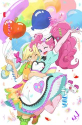 Size: 721x1100 | Tagged: safe, artist:puri__kyua, applejack, pinkie pie, coinky-dink world, equestria girls, g4, my little pony equestria girls: summertime shorts, shake things up!, anime, balloon, bow, confetti, cute, diner uniform, duo, duo female, female, hairnet, hug, jumping, one eye closed, pixiv, roller skates, server pinkie pie, smiling, wink