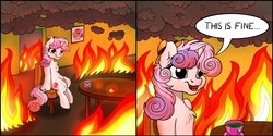 Size: 4096x2048 | Tagged: safe, artist:lupiarts, artist:snoopystallion, sweetie belle, pony, unicorn, g4, blatant lies, chair, chest fluff, collaboration, comic sins, cup, cutie mark, derp, digital art, female, filly, fire, gunshow, hat, meme, ponified meme, room, smiling, smoke, solo, speech bubble, table, teacup, the cmc's cutie marks, this is fine
