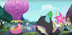 Size: 1292x634 | Tagged: safe, screencap, fluttershy, pinkie pie, rainbow dash, spike, dragon, g4, sparkle's seven, clothes, costume, dangerous mission outfit, discovery family logo, goggles, hoodie, hot air balloon, outdoors, pinwheel (toy), twinkling balloon, winged spike, wings