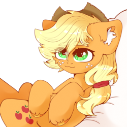 Size: 2000x2000 | Tagged: safe, artist:etoz, applejack, earth pony, pony, g4, cute, ear fluff, eye clipping through hair, eyebrows, eyebrows visible through hair, female, high res, jackabetes, mare, pillow, simple background, solo, transparent background, unshorn fetlocks