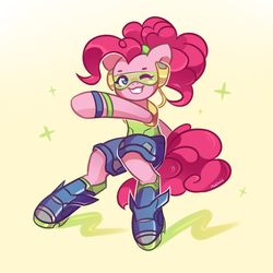 Size: 1500x1500 | Tagged: safe, artist:avonir, pinkie pie, earth pony, pony, g4, alternate hairstyle, bipedal, clothes, cosplay, costume, crossover, cute, diapinkes, female, lucio, one eye closed, overwatch, ponytail, smiling, solo, wink