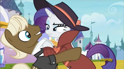 Size: 841x474 | Tagged: safe, screencap, beaude mane, rarity, pony, unicorn, g4, sparkle's seven, canterlot, detective rarity, discovery family logo, female, hoof hold, male, mare, pointing, stallion