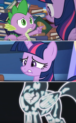 Size: 812x1320 | Tagged: safe, edit, edited screencap, screencap, spike, twilight sparkle, alicorn, dragon, pony, father knows beast, g4, book, comic, heart, heartbreak, sad, screencap comic, twilight sparkle (alicorn), winged spike, wings, x-ray, x-ray picture