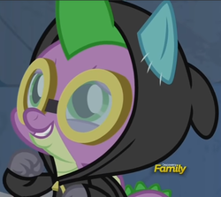 Size: 539x481 | Tagged: safe, screencap, spike, dragon, g4, sparkle's seven, clothes, costume, cute, dangerous mission outfit, discovery family logo, goggles, hoodie, male, smiling, solo, spikabetes, winged spike, wings