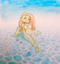 Size: 2749x2950 | Tagged: safe, artist:katputze, fluttershy, pegasus, anthro, plantigrade anthro, g4, adorasexy, barefoot, belly button, bikini, clothes, cute, feet, female, high res, mare, sexy, shyabetes, solo, swimsuit, traditional art, white swimsuit