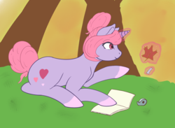 Size: 1355x993 | Tagged: safe, artist:theyellowcoat, oc, oc only, oc:maple blush, pony, unicorn, autumn, content, female, maple leaf, mare, scrapbook, solo, tape