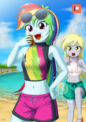 Size: 707x1000 | Tagged: safe, artist:uotapo, derpy hooves, rainbow dash, equestria girls, equestria girls series, g4, armpits, beach, belly button, clothes, cloud, cute, dashabetes, derpabetes, eating, feet, female, food, hand on hip, midriff, muffin, ocean, open mouth, patreon, patreon logo, sand, sandals, shorts, sky, sunglasses, swimsuit, this will end in muffins, water
