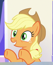 Size: 399x492 | Tagged: safe, screencap, applejack, earth pony, pony, g4, sparkle's seven, applejack's hat, cowboy hat, cropped, cute, female, hat, jackabetes, mare