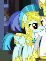 Size: 379x498 | Tagged: safe, screencap, guardian angel (g4), pegasus, pony, g4, sparkle's seven, background pony, cropped, female, guardsmare, hoof shoes, male, mare, royal guard, stallion