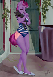 Size: 2068x3000 | Tagged: safe, artist:xjenn9, tempest shadow, cat, unicorn, anthro, plantigrade anthro, g4, blue underwear, broken horn, clothes, commissioner:kalash93, eye scar, eyes closed, female, high res, horn, mare, panties, scar, shirt, slippers, solo, tank top, underwear