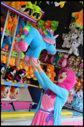 Size: 3456x5184 | Tagged: safe, artist:krazykari, pinkie pie, human, g4, clothes, cosplay, costume, irl, irl human, photo, plushie, solo