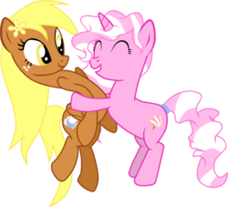 Size: 1428x1296 | Tagged: safe, artist:chipmagnum, oc, oc only, oc:cotton candy, oc:windancer, pegasus, pony, unicorn, g4, female, hug, mare, simple background, transparent background