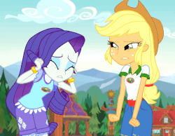 Size: 640x497 | Tagged: safe, screencap, applejack, rarity, equestria girls, g4, my little pony equestria girls: legend of everfree, animated, camp everfree outfits, female, gif