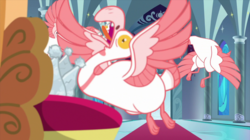 Size: 2100x1180 | Tagged: safe, screencap, bird, goose, g4, sparkle's seven, animal, crown, hard-won helm of the sibling supreme, majestic as fuck, open beak, spread wings, wings