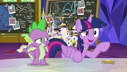 Size: 1920x1080 | Tagged: safe, screencap, spike, twilight sparkle, alicorn, dragon, pony, g4, sparkle's seven, chalkboard, looking at something, math, open mouth, twilight sparkle (alicorn), winged spike, wings