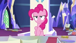 Size: 1920x1080 | Tagged: safe, screencap, pinkie pie, earth pony, pony, g4, sparkle's seven, >:), book, friendship throne