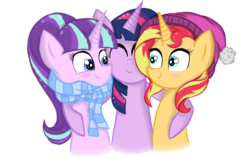 Size: 1404x892 | Tagged: safe, artist:forestheart74, starlight glimmer, sunset shimmer, twilight sparkle, pony, unicorn, g4, clothes, hug, magical trio, scarf, side hug, simple background, transparent background, unicorn twilight, warm