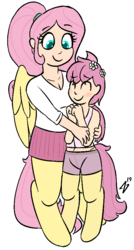Size: 520x972 | Tagged: safe, artist:heretichesh, oc, oc only, oc:arbor, oc:ivy, pegasus, pony, satyr, brother and sister, clothes, cute, female, flower, flower in hair, hug, male, miniskirt, offspring, parent:fluttershy, pleated skirt, ponytail, shorts, simple background, skirt, white background