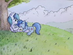 Size: 2560x1920 | Tagged: safe, artist:lightisanasshole, oc, oc only, oc:delly, oc:graceful motion, pegasus, pony, unicorn, bedroom eyes, blue background, blue mane, blushing, cloud, cloudy, cuddling, cute, fluffy, grass, grass field, green background, green eyes, hill, outdoors, pair, pairings, shading, shadow, simple background, sky, sleeping, sleepy, traditional art, tree, tree branch, watercolor painting, white pony
