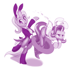 Size: 1280x1156 | Tagged: safe, artist:dstears, starlight glimmer, trixie, g4, bunny ears, bunny out of the hat, bunny suit, carrot, clothes, cute, female, fishnet pantyhose, food, leotard, levitation, magic, magician outfit, mouth hold, reformed starlight, smiling, starlight glimmer is not amused, telekinesis, unamused