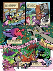 Size: 1200x1600 | Tagged: safe, artist:andypriceart, idw, official comic, cosmos, discord, observer (g4), draconequus, earth pony, pegasus, pony, unicorn, g4, spoiler:comic, spoiler:comic77, aladdin, alice in wonderland, chaos, comic, dc comics, discord's house, duo, e=mc^2, earth 616, easy rider, female, flying carpet, male, mare, marvel comics, microphone, motorcycle, preview, ship:coscord, singing, speech bubble, the twilight zone, wonderland
