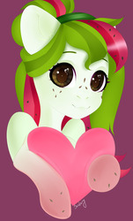 Size: 3272x5408 | Tagged: safe, artist:bestiary, oc, oc only, oc:watermelana, pegasus, pony, female, freckles, gift art, gradient hooves, heart, heart eyes, hoof hold, looking at you, mare, smiling, solo, wingding eyes