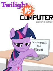 Size: 3000x4000 | Tagged: safe, artist:ace play, twilight sparkle, alicorn, pony, comic:twilight vs. computer, g4, aside glance, comic, computer, cover, female, laptop computer, looking at you, misspelling, solo, twilight sparkle (alicorn), twilight sparkle is not amused, unamused