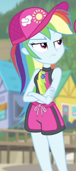 Size: 292x655 | Tagged: safe, screencap, rainbow dash, equestria girls, equestria girls specials, g4, my little pony equestria girls: better together, my little pony equestria girls: forgotten friendship, baseball cap, beach, board shorts, cap, clothes, cropped, crossed arms, female, geode of super speed, hat, jewelry, magical geodes, necklace, rainbow dash is not amused, sleeveless, solo, swimming trunks, swimsuit, unamused