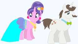 Size: 843x480 | Tagged: safe, artist:glittertiara, artist:selenaede, cookie crumbles, hondo flanks, pony, unicorn, g4, base used, blue dress, clothes, dress, duo, female, jewelry, male, necklace, ship:cookieflanks, shipping, straight