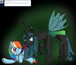 Size: 1548x1326 | Tagged: safe, artist:platinumdrop, queen chrysalis, rainbow dash, changeling, changeling queen, pegasus, pony, tumblr:ask-platinumdrop, g4, dark background, fangs, female, forked tongue, gradient background, green background, gritted teeth, licking, mare, one eye closed, request, shipping, simple background, taste the rainbow, tongue out, tumblr