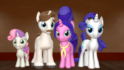 Size: 1920x1080 | Tagged: safe, artist:fullmoonrose7, cookie crumbles, hondo flanks, rarity, sweetie belle, pony, g4, 3d, family