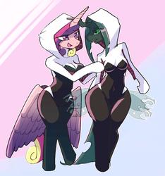 Size: 2865x3061 | Tagged: safe, artist:yajima, princess cadance, queen chrysalis, alicorn, changeling, anthro, semi-anthro, g4, arm hooves, belly button, butt wings, clothes, duo, female, high res, mare, spider-gwen