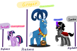 Size: 3000x2000 | Tagged: safe, artist:luckreza8, grogar, king sombra, twilight sparkle, alicorn, goat, pony, unicorn, g4, season 9, armor, cloven hooves, colored hooves, colored horn, crystal ball, curved horn, female, glowing horn, grogar's orb, height scale, high res, horn, male, mare, raised hoof, size comparison, stallion, twilight sparkle (alicorn)
