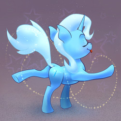 Size: 3612x3612 | Tagged: safe, artist:xbi, trixie, pony, unicorn, g4, action pose, bipedal, butt, cute, diatrixes, dock, extended trot pose, eyes closed, female, high res, mare, plot, raspberry, smiling, solo, the great and powerful ass, tongue out, underhoof