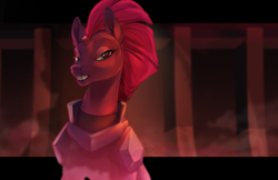 Size: 1976x1280 | Tagged: safe, artist:rrusha, tempest shadow, pony, unicorn, g4, armor, broken horn, ear fluff, female, horn, letterboxing, mare, open up your eyes, scene interpretation, solo