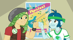 Size: 1280x714 | Tagged: safe, screencap, captain planet, sandalwood, human, equestria girls, g4, my little pony equestria girls: rainbow rocks, background human, better than ever, brofist, clothes, fist bump, male, poster, smiling