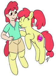 Size: 1047x1415 | Tagged: safe, artist:heretichesh, apple bloom, oc, oc:pear, earth pony, human, pony, satyr, g4, clothes, family, female, happy, male, mother and son, offspring, older, older apple bloom, parent:apple bloom, the cmc's cutie marks