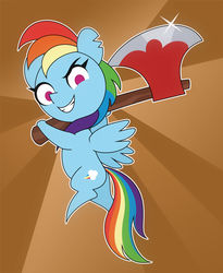 Size: 450x550 | Tagged: safe, artist:gor1ck, rainbow dash, pegasus, pony, g4, the beginning of the end, axe, backwards cutie mark, female, pointy legs, solo, sunburst background, weapon